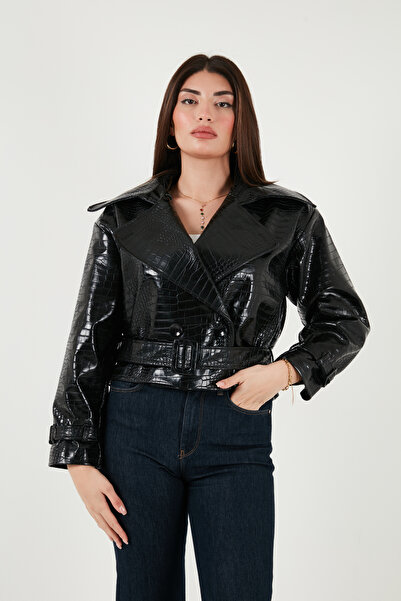 Lela Crocodile Oversized Fit Double-Breasted Collar Belt Detailed Leather Jacket Leather Jacket 6839632