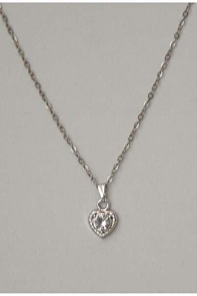 BİJUTERİ EVİ Minimal Heart Model Silver Color Steel Chain White Stone Women's Necklace