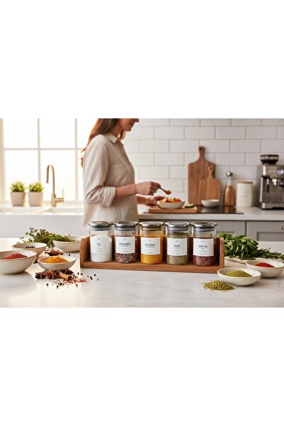 ANJEAHOME Sonora 6-Piece 300 ml Glass Spice Jar Set | Gray Metal Lid - Labeled - Countertop Organizer