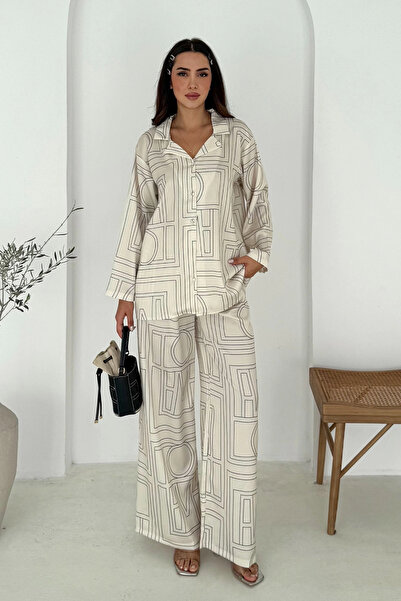 AsprinFashion طقم من الساتان بنمط هندسي باللون الأبيض