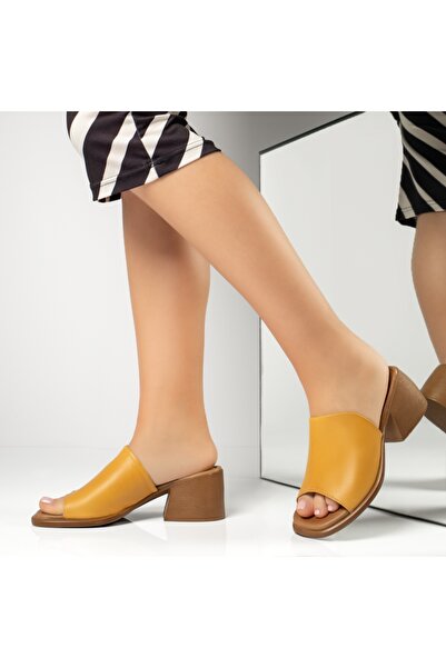 BMoD Papuci casual din piele galbenă pentru femei cu toc bloc MOD13627