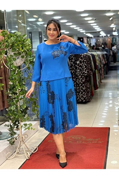 live forever Bisiklet Yaka Çiçek Desenli Piliseli Şifon Etekli Midi Davet Elbisesi