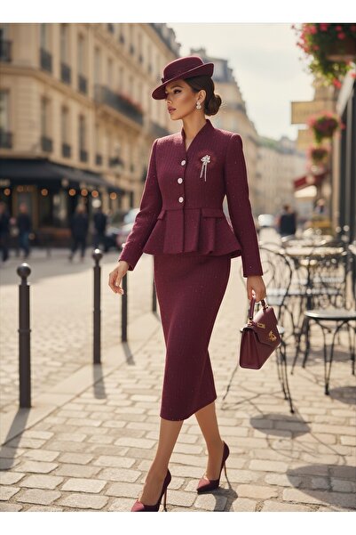 1Moda1Tarz Imported Tweed Fabric, Stone and Chain Brooch Included, Lined Button Detail, Lined Special Design Suit