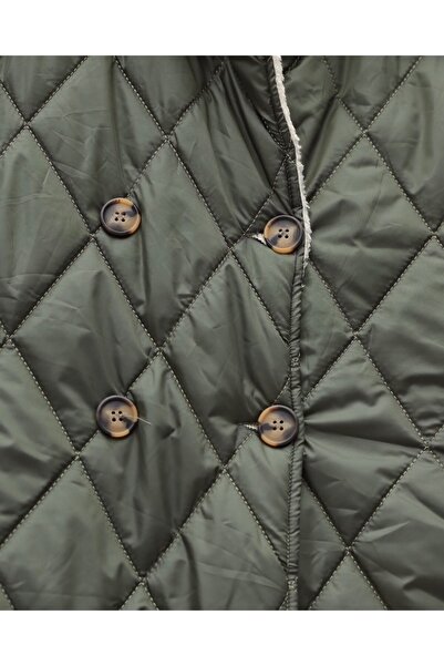 Modamorfo Fur Collar, Belted Waist, Buttoned, Lined, Quilted Coat - Khaki