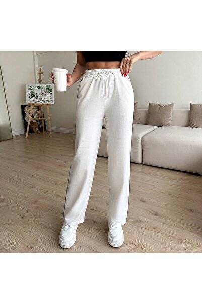 Miyalon Γυναικείο παντελόνι με ελαστική μέση με ρίγες στο πλάι και τσέπες, μαύρο unisex φαρδύ παντελόνι με φαρδύ πόδι