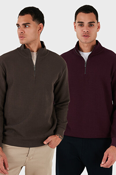 Buratti Pamuklu Regular Fit Yarım Fermuarlı Dik Yaka 2'li Paket Sweat Erkek S...