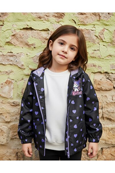 KUMRUNUN DÜNYASI Girls' Kuromi Transitional Hooded Lined Raincoat Windbreaker Coat Jacket Waterproof