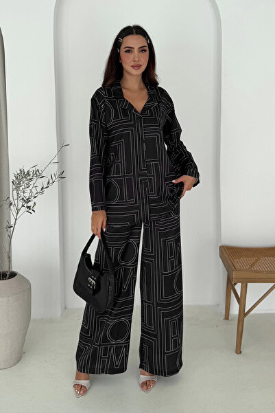 AsprinFashion طقم من الساتان بنمط هندسي باللون الأسود