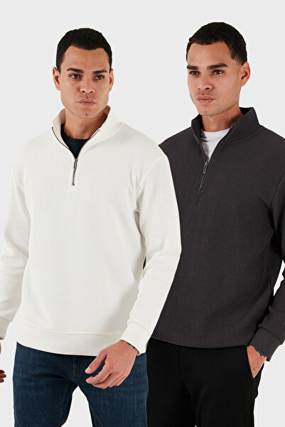 Buratti Памучна блуза с редовна кройка, половин цип и яка, 2 броя, мъжка SWEA...