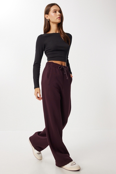 Lovelyİstanbul Ribbed Fleece-Lined Knitted Sweatpants Lub0289 Mürdüm