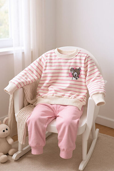 Ercahome tekstil Kız çocuk kışlık 2 li yavru ağzı pembe çizgili polar alt üst sweatshirt eşofman takımı