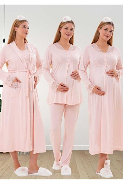 Lohusa Homewear Γυναικείο ροζ σετ πιτζάμες και νυχτικό με δαντέλα ειδικής σχε...