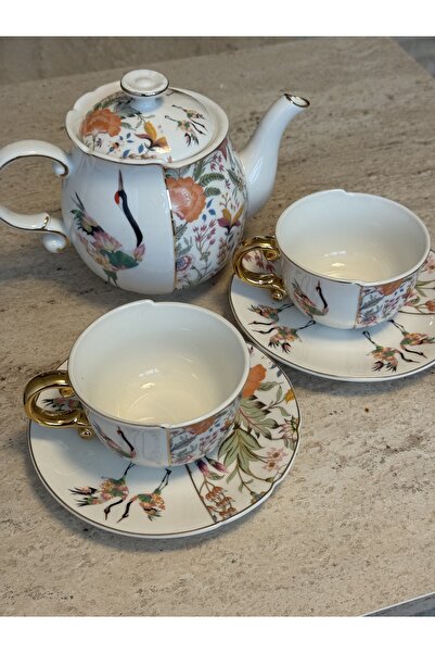 selvi wear Zarif Turna Desenli Porselen Çay Seti – 1 Demlik + 2 Fincan + 2 Ba...