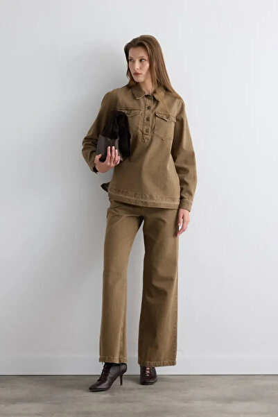 Gusto Yakalı Denim Gömlek - Kahverengi