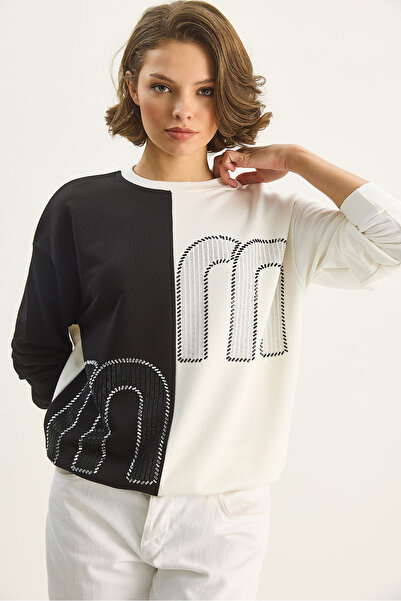 Bianco Lucci Women's Crew Neck Stone Embroidered Color Block Oversize Sweatshirt 1453 60283634