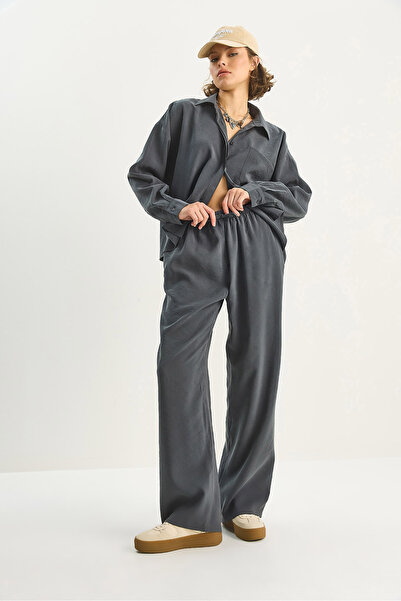 Bianco Lucci Kadın Modal Tek Cepli Oversize Gömlek Yüksek Bel Bol Pantolon Takım 210 60283673