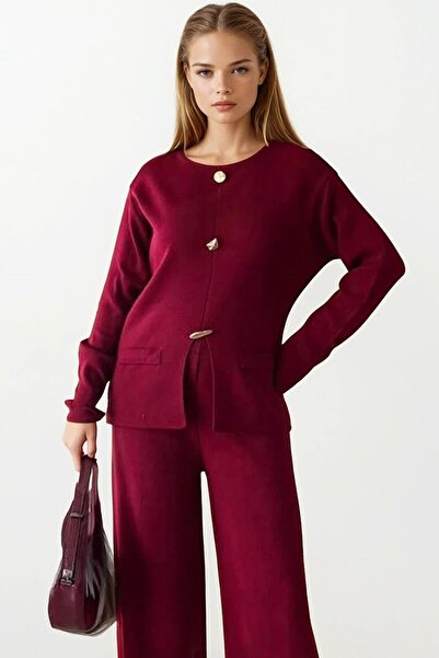 VAGGON Women's Burgundy Button Detailed Long Sleeve Fit Blouse and High Waist Pants Knitwear Set Vs01400