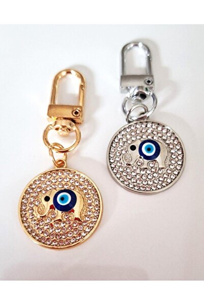 Svc Aksesuar Gift 2-Piece Zircon Stone Elephant Detailed Evil Eye Beaded Keychain 6.5 cm