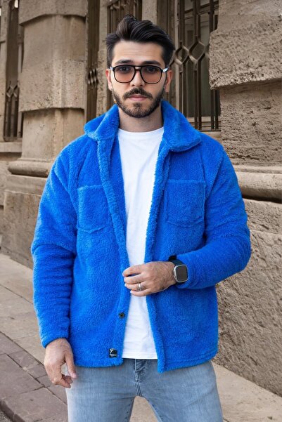 BİRBEYSTORE Плюшевий кардиган унісекс з кишенями, зручний крій, прямий комір, синій