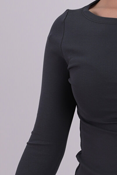 armonika Kadın Füme Kayık Yaka Uzun Kol Body Bluz ARM-26K135013