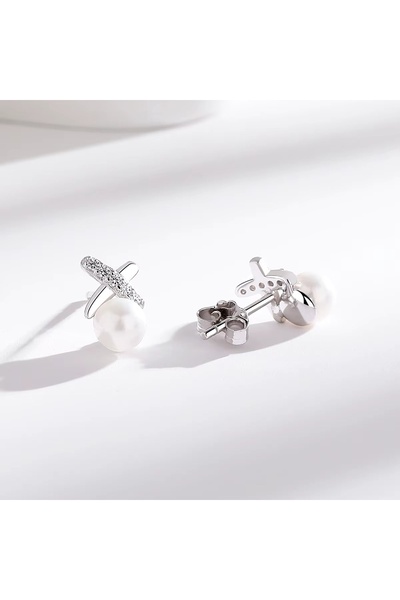 delis Σκουλαρίκια από ασήμι 925, JW1614, μοντέλο X με μαργαριτάρι, επιπλατινωμένα με ρόδιο