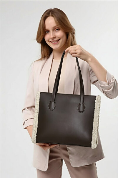 Luvenis حقيبة كتف كبيرة بتفاصيل من الصوف البني