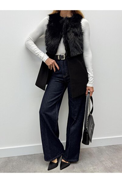 Maldia Shop Women's Fur Detailed Cashmere Black Vest