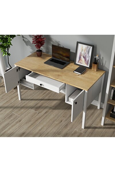 Sakura Ahşap Hunerika Kanio 2 Kapak tek Çekmeceli Çalışma Masası -Wood Beyaz-Minifiks Bağlantılı