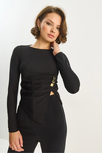 Bianco Lucci Women's Crew Neck Asymmetrical Cut Accessory Detail Corded Fabric Blouse 2279 60283703