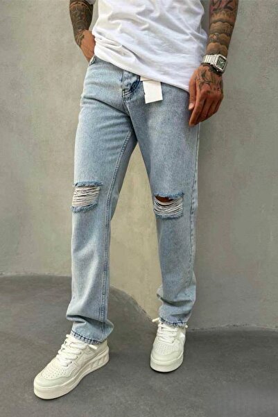 MADZEYMODA Чоловічі баггі-штани з розрізами, світло-сині джинсові штани KE-541
