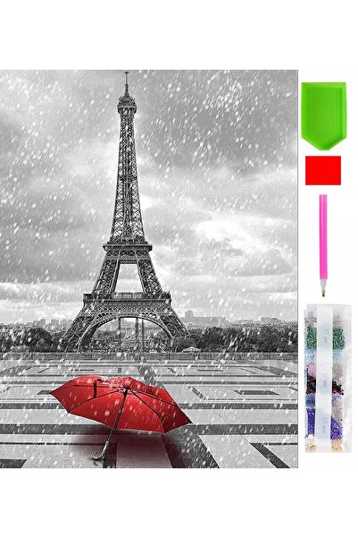 zola Goblen mozaic cu diamante, peisaj Turnul Eiffel in alb negru si umbrela rosie, 20 x 30 cm