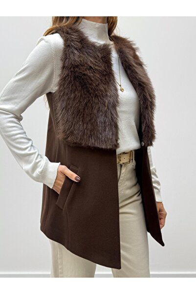 Maldia Shop Women's Fur Detailed Cashmere Brown Vest