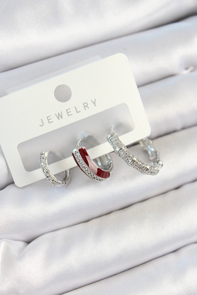 Skygo Brass Zircon Stone Burgundy Pink Ring Model Silver Color 3-Piece Double Women's Earring Set - Tj-Bkp10791