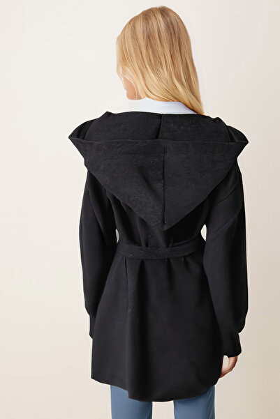 armonika Kadın Siyah Beli Kuşaklı Cepli Kapüşonlu Oversize Kaşe Kaban ARM-26K001025