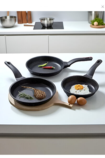 WOW Şık Siyah Döküm Granit Tava Seti – 3 Parça, Yanmaz Yapışmaz (20-24-28 cm)