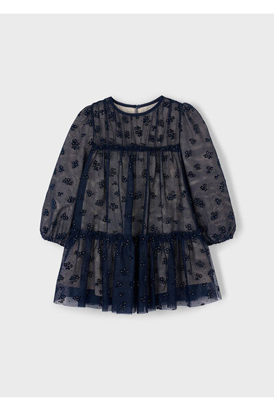 MAYORAL Момичешка рокля от тъмносин тюл | Възраст 4-10 години с камъни и цветя