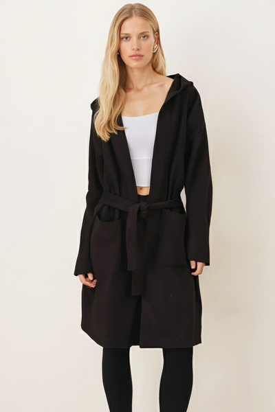 armonika Women's Brown Belted Coat with Pockets Hooded Oversized Cashmere Coat Arm-26K001025