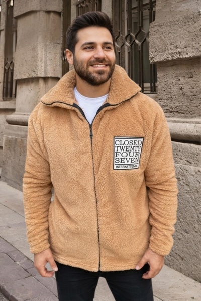 BİRBEYSTORE Plush Cardigan Unisex Model with Pockets Comfortable Fit Mock Neck Beige