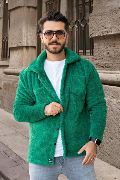 BİRBEYSTORE Plush Cardigan Unisex Model with Pockets Comfortable Fit Mock Neck Emerald Green