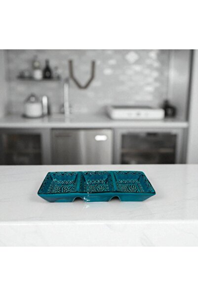 NidaSanatEvi Turquoise Kütahya Tile Patterned 3-Compartment Snack Bowl