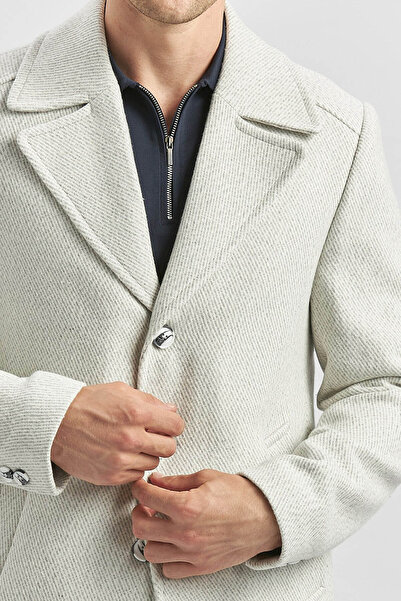 İmza Kaşe Swallow Collar Patterned Lined Slim Fit Stone Men's Coat 1007245150
