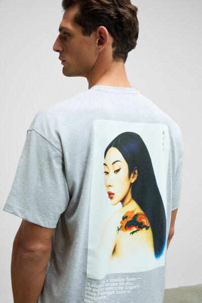 GRIMELANGE Dragon Men's Chest and Back Printed 100% Organic Cotton Oversized Fit Crew Neck Grimelange T-Shirt