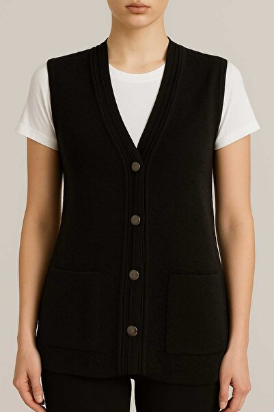 restinatriko Kadın Düğmeli Triko Anne Yeleği Büyük Beden Cepli Rahat Kesim