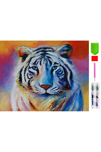 zola Goblen mozaic cu diamante, model tigru alb abstract, 20 x 30 cm