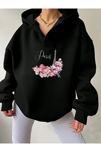 Deocept Φούτερ Unisex Μαύρο με λαιμόκοψη σε σχήμα V με κουκούλα Paris Floral με τύπωμα oversized