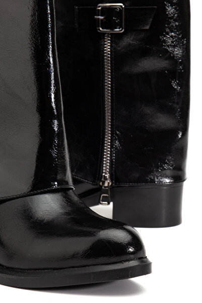 RİSSOLİ Γυναικείες μαύρες γυαλιστερές μπότες με λουστρίνι με λεπτομέρεια με φερμουάρ στο πλάι