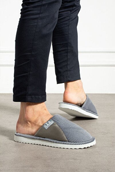 FUGA MODA Ανδρικές παντόφλες για το σπίτι Velmor Grey Velvet Textured κοτλέ με δερμάτινη λεπτομέρεια