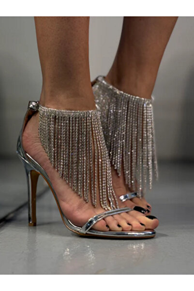 Ömer Ediz Shoes Shiny Thin Heeled Evening Dress Shoes with Silver Chain Detail