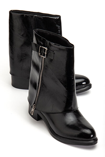 RİSSOLİ Γυναικείες μαύρες γυαλιστερές μπότες με λουστρίνι με λεπτομέρεια με φερμουάρ στο πλάι