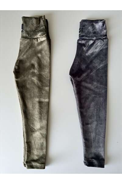 Patriko Girls' Velvet Gray-Khaki Green Color Extra Stretchy Fabric Winter Stylish 2-Piece Leggings Set - Get 1 Size up